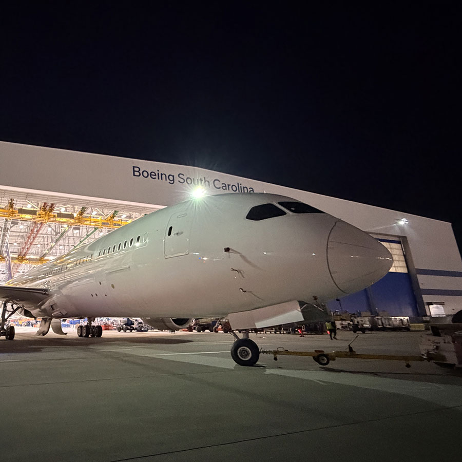 Air New Zealand's 787-9 featuring an increased maximum takeoff weight rolls out of Final Assembly at Boeing South Carolina.
