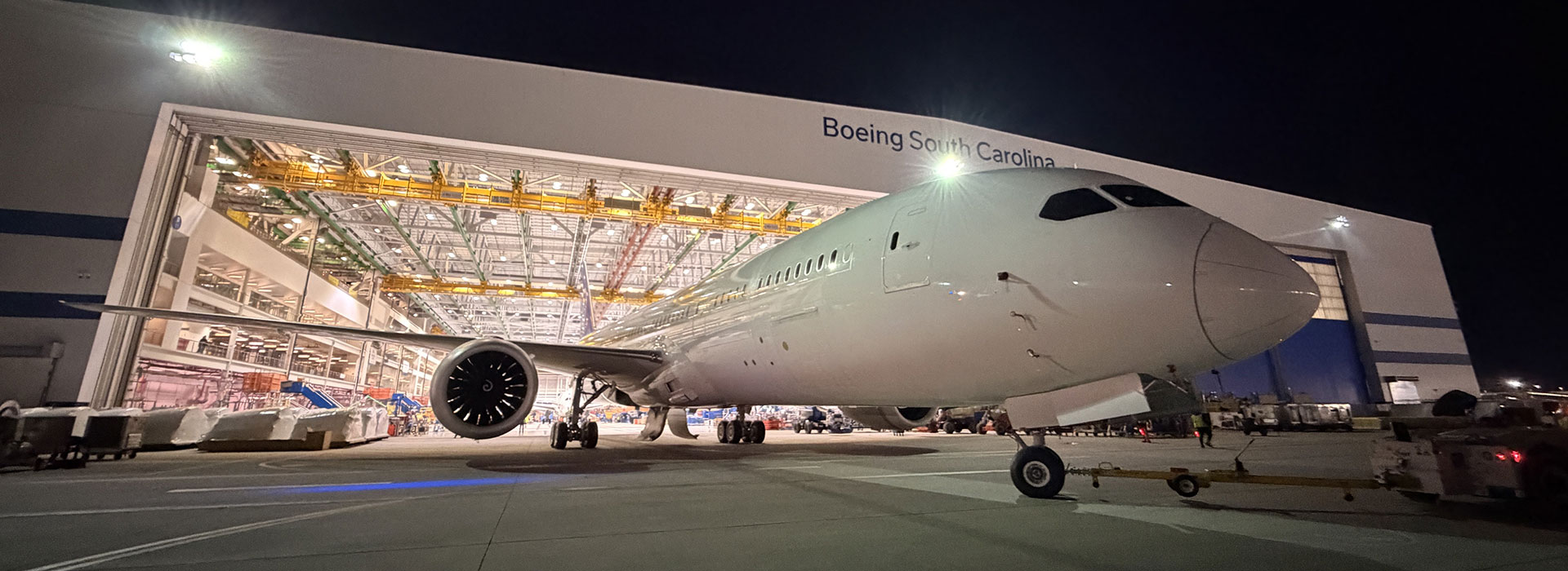 Air New Zealand's 787-9 featuring an increased maximum takeoff weight rolls out of Final Assembly at Boeing South Carolina.