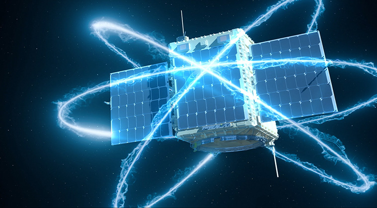 A stylized satellite in space with glowing energy lines, representing advanced technology.