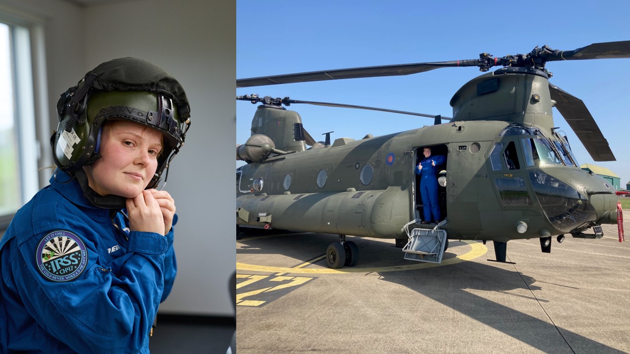 Maisie Dobbs suiting up for a test flight (left), standing in the door of a RAF Chinook helicopter test aircraft (right).
