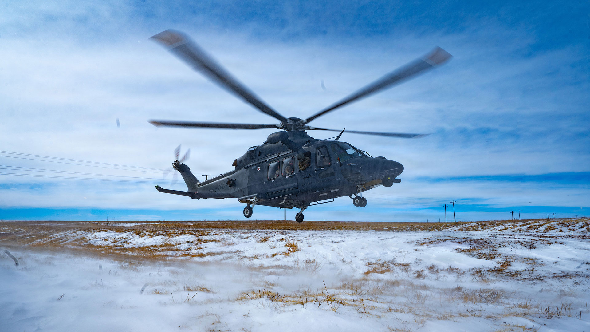 A 582nd Helicopter Group MH-139 Grey Wolf takes off near Pine Bluffs, Wyoming, Feb. 19, 2026. The 582 HG supports USSTRATCOM’s strategic deterrence mission by enabling airborne security and rapid response capabilities for missile wings across Air Force Global Strike Command. (U.S. Air Force photo by Airman 1st Class Nicholas Rowe)