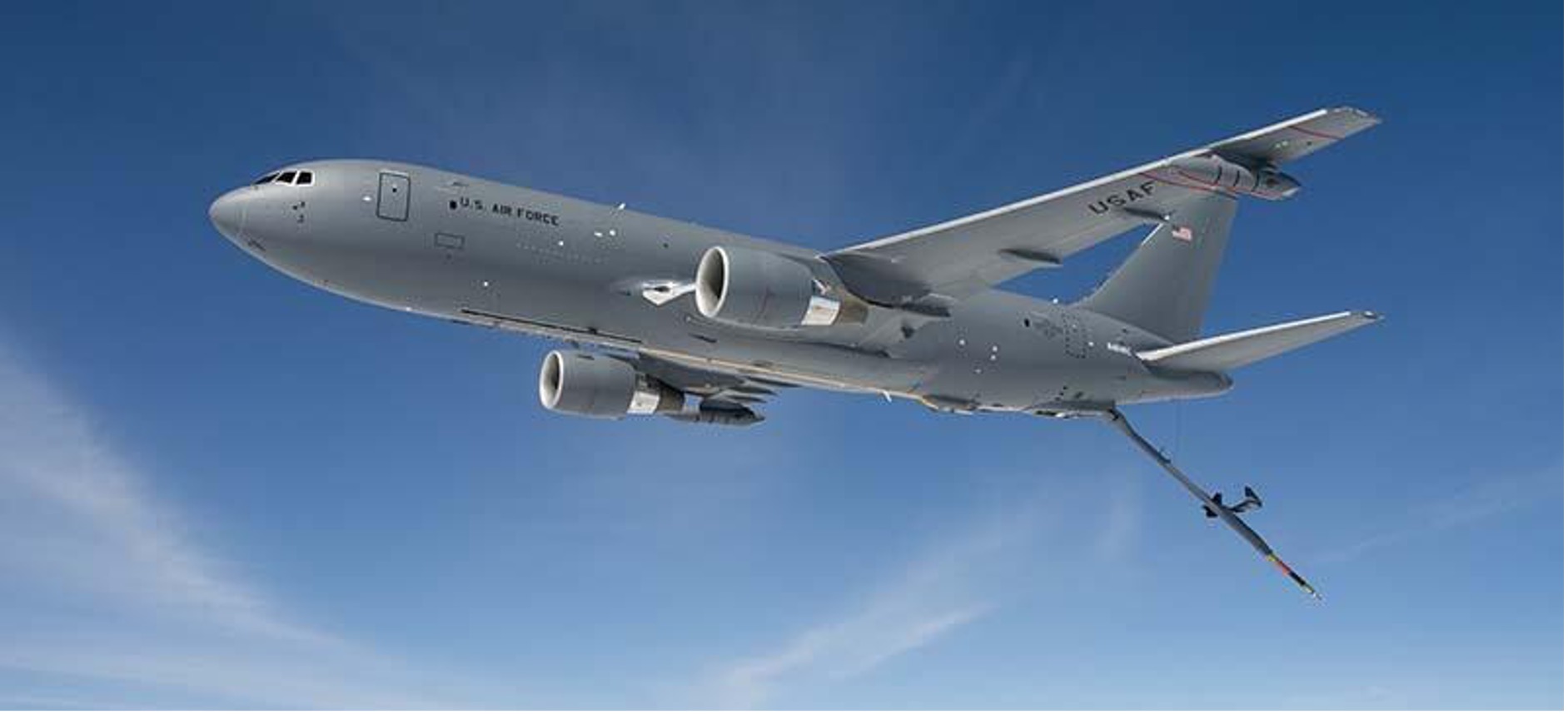 KC-46A in flight with refueling boom extended