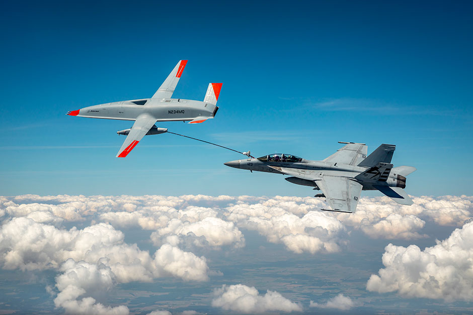 MQ-25 refueling an F/A-18 Super Hornet.