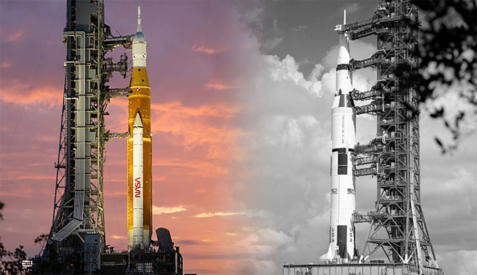 The Space Launch System (SLS) next to the Saturn V. 