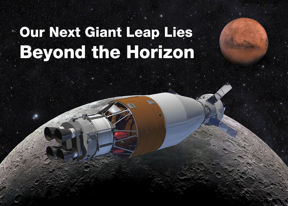 The Exploration Upper Stage (EUS) by the lunar surface, with Mars in the background.