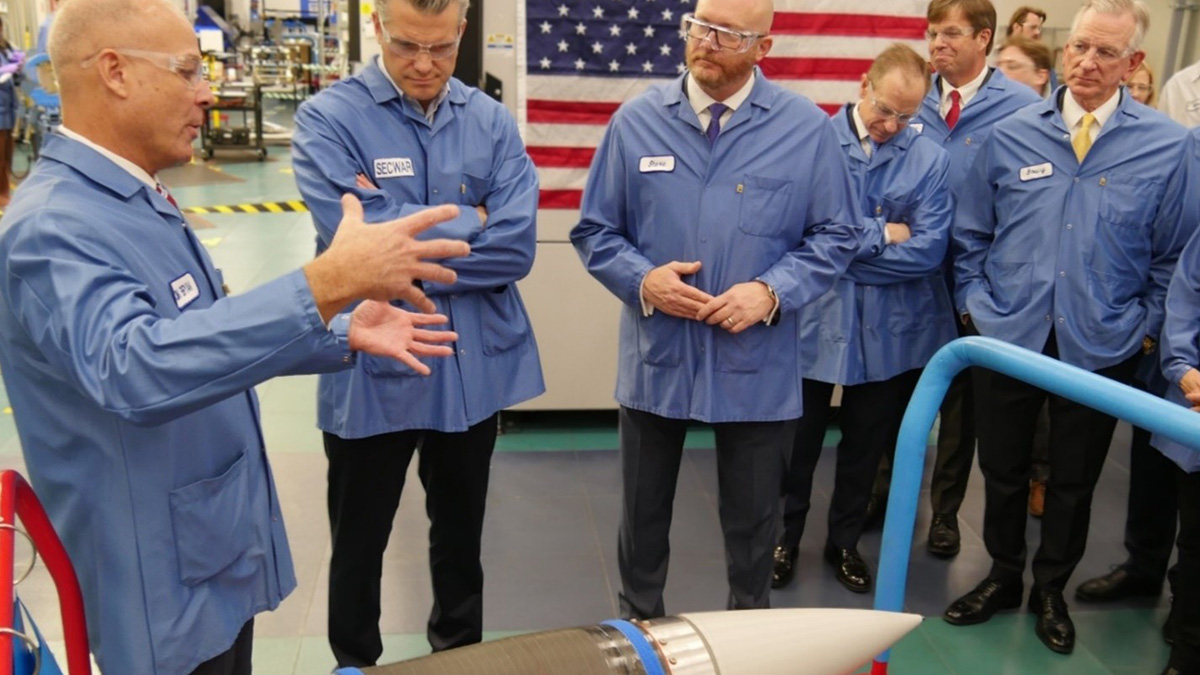 Boeing hosts U.S. Secretary of War at its PAC‑3 seeker factory in Huntsville, Alabama, in December 2025. (Boeing)