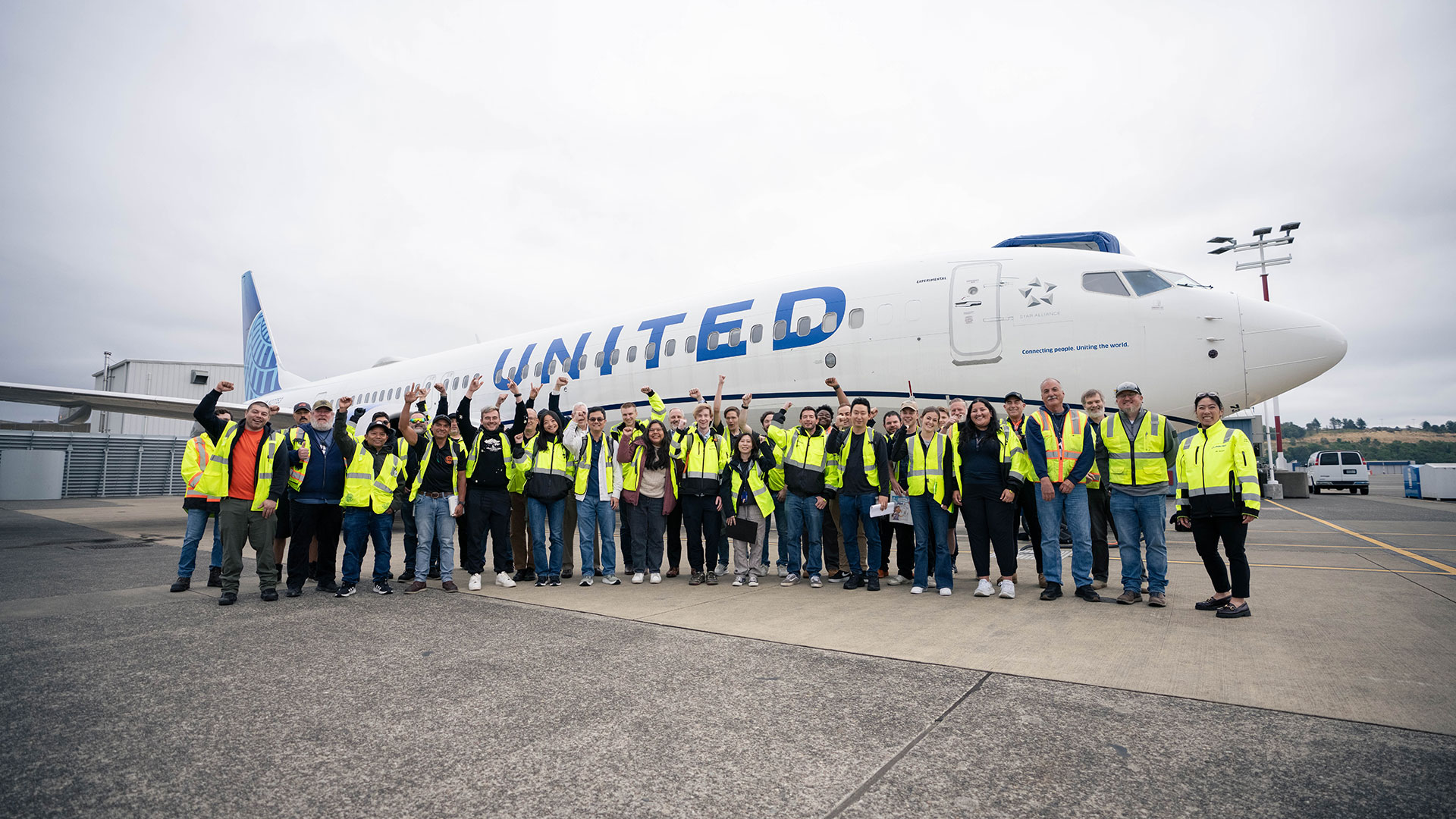 The 737-10 1G003 test crew gathers after the airplane’s final certification flight test. 