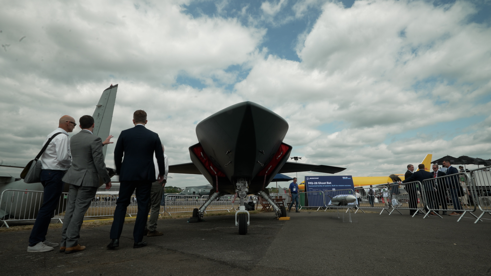 The Boeing MQ-28 Ghost Bat on the ground at Farnborough Air Show 2026.