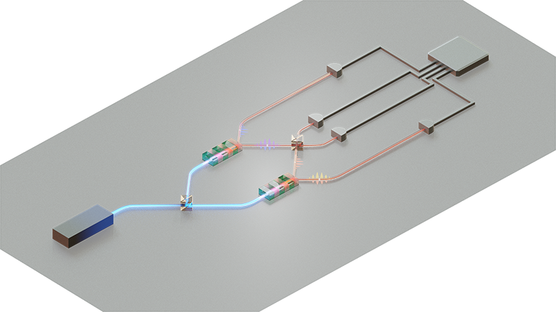 A 3D illustration of a complex electronic circuit with colorful pathways and components on a dark background.