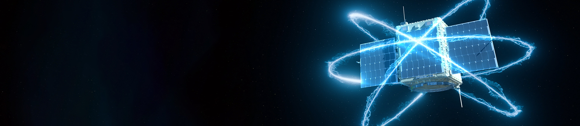 A stylized satellite in space with glowing energy lines, representing advanced technology.