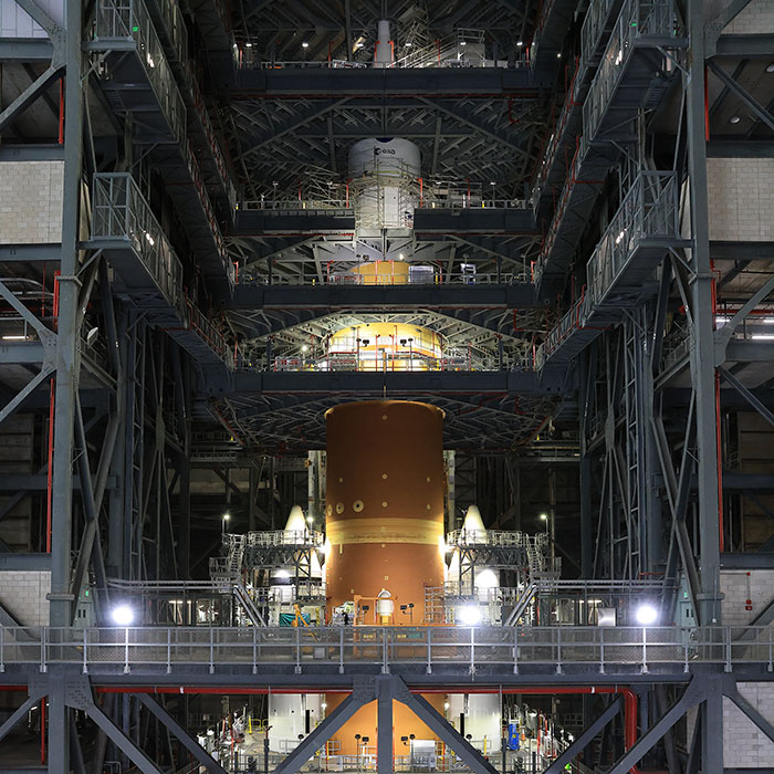 NASA’s Artemis II Orion spacecraft with its launch abort system is stacked atop the agency’s Space Launch System rocket in High Bay 3 of the Vehicle Assembly Building at NASA’s Kennedy Space Center in Florida.